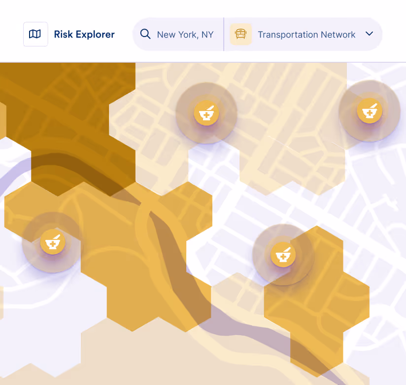Map of New York neighborhoods showing transportation network risk zones with markers.