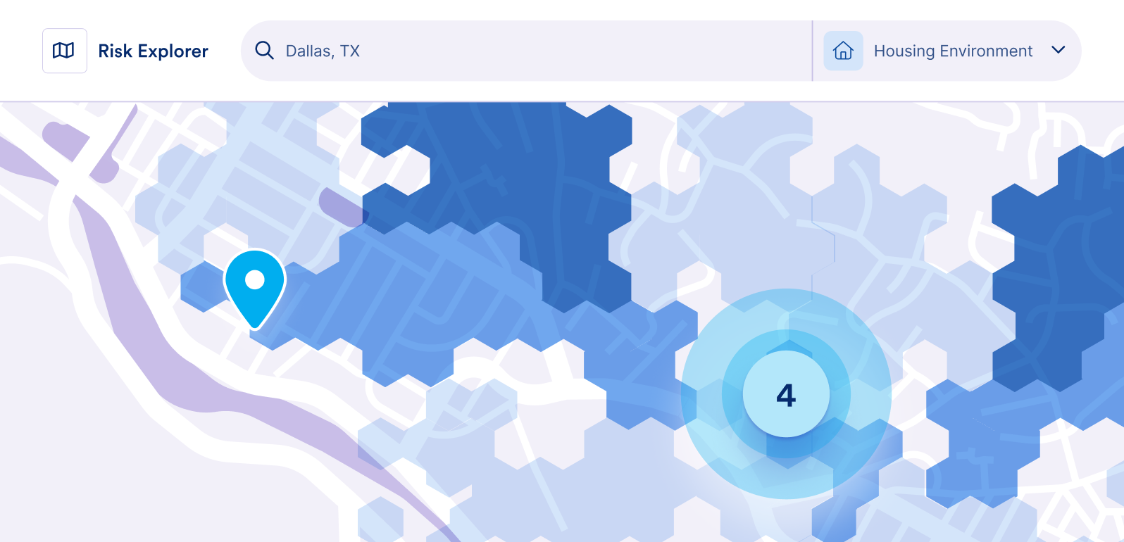 Hexagonal heatmap highlighting housing risk levels in Dallas, Texas, marked with a blue location pin and a cluster of 4.