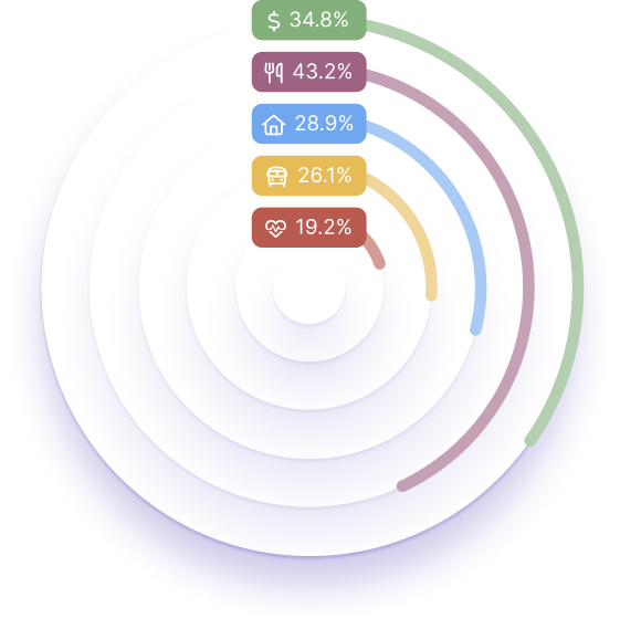 Radial bar chart showing values: 34.8% with dollar sign, 43.2% with fork and knife, 28.9% home, 26.1% bus, 19.2% heart.