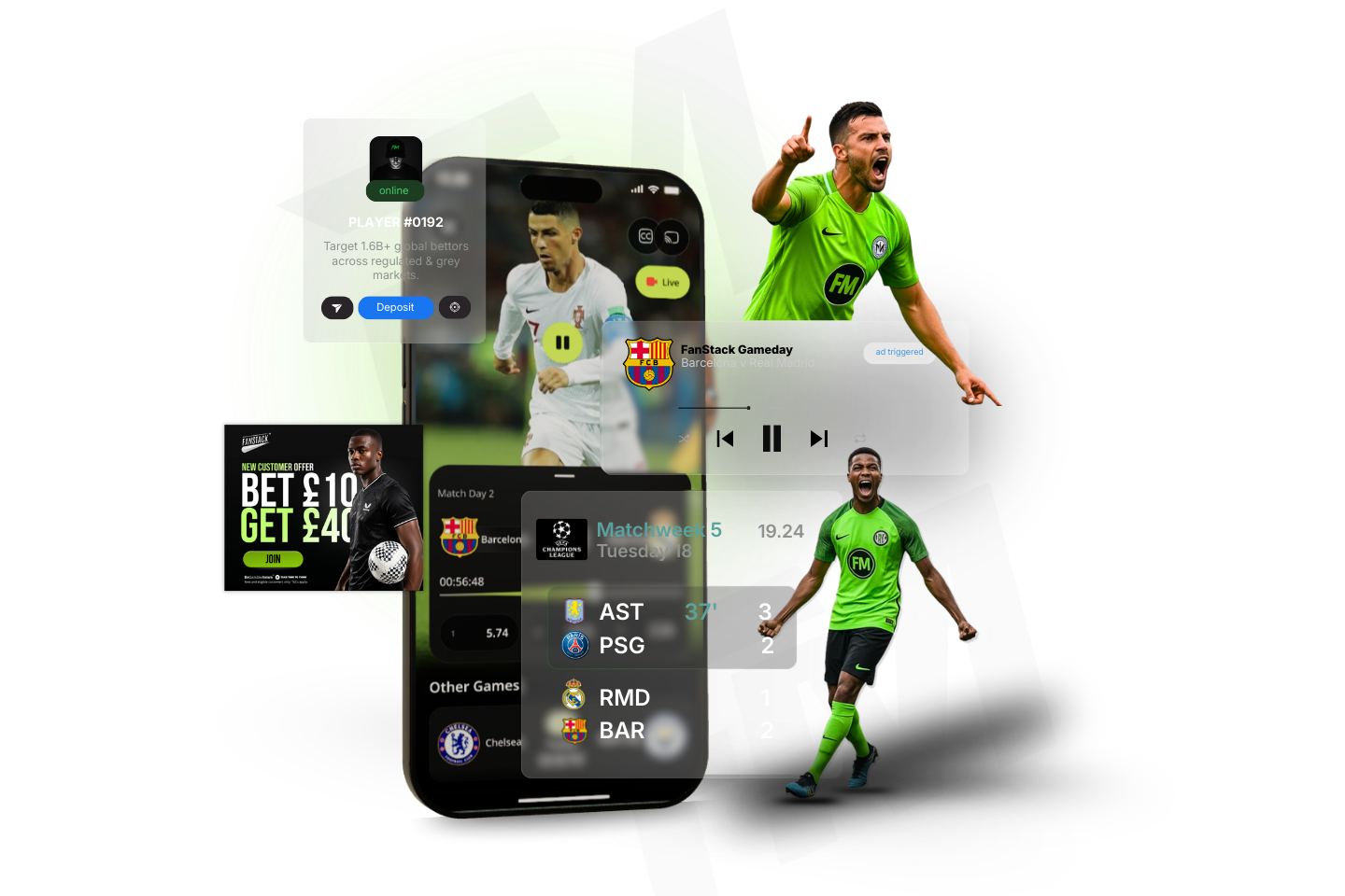 Football player creative showcasing real-time sports marketing and FanStack engagement features by Finovation Media.