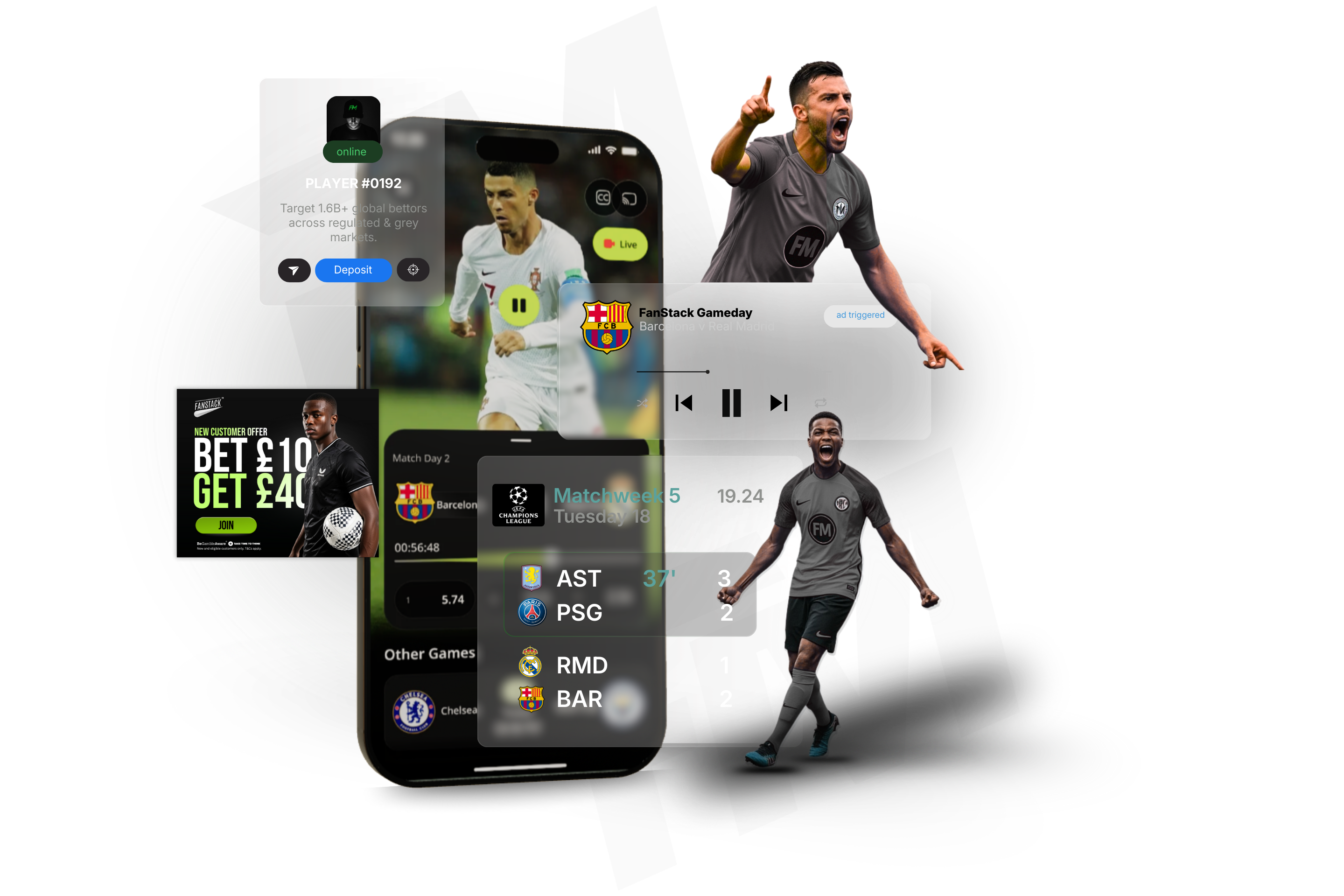 Football player creative showcasing real-time sports marketing and FanStack engagement features by Finovation Media.