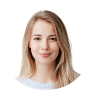 Smiling young woman with straight blonde hair wearing a white top on a white background.