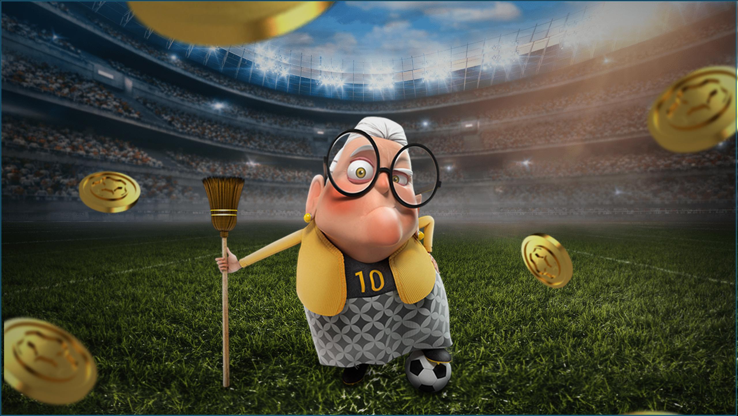 Cartoon elderly woman with large glasses and gray hair standing on a soccer field with one foot on a soccer ball, holding a broom, surrounded by floating gold coins.