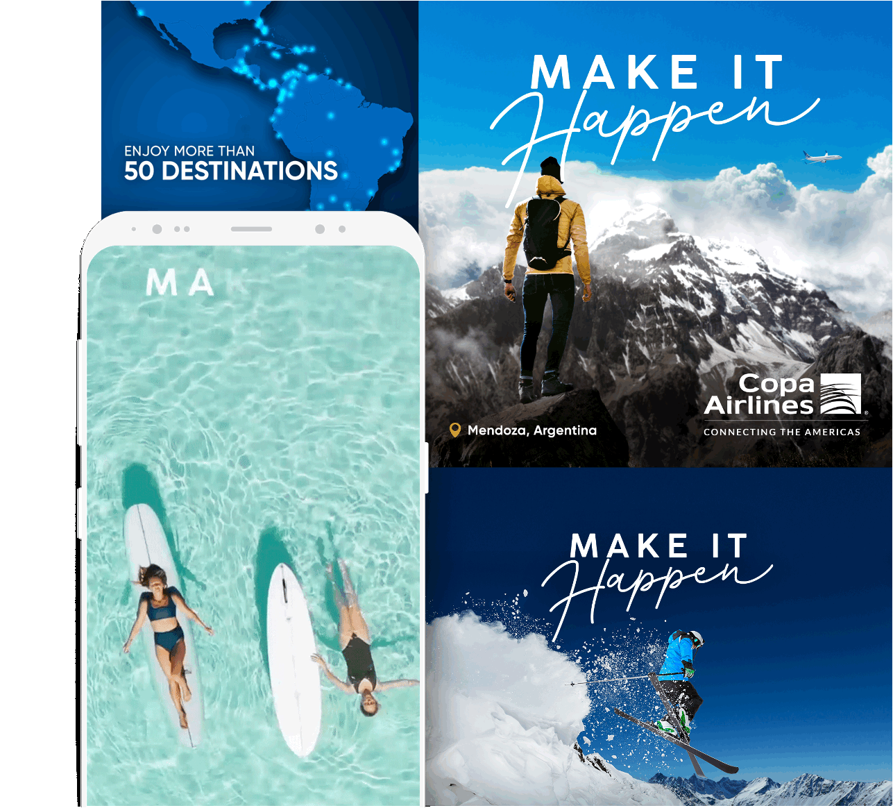 Copa Airlines travel promotion showing map with bright destination points, a person standing on snowy mountain in Mendoza Argentina, and a skier jumping with text 'Make It Happen'.