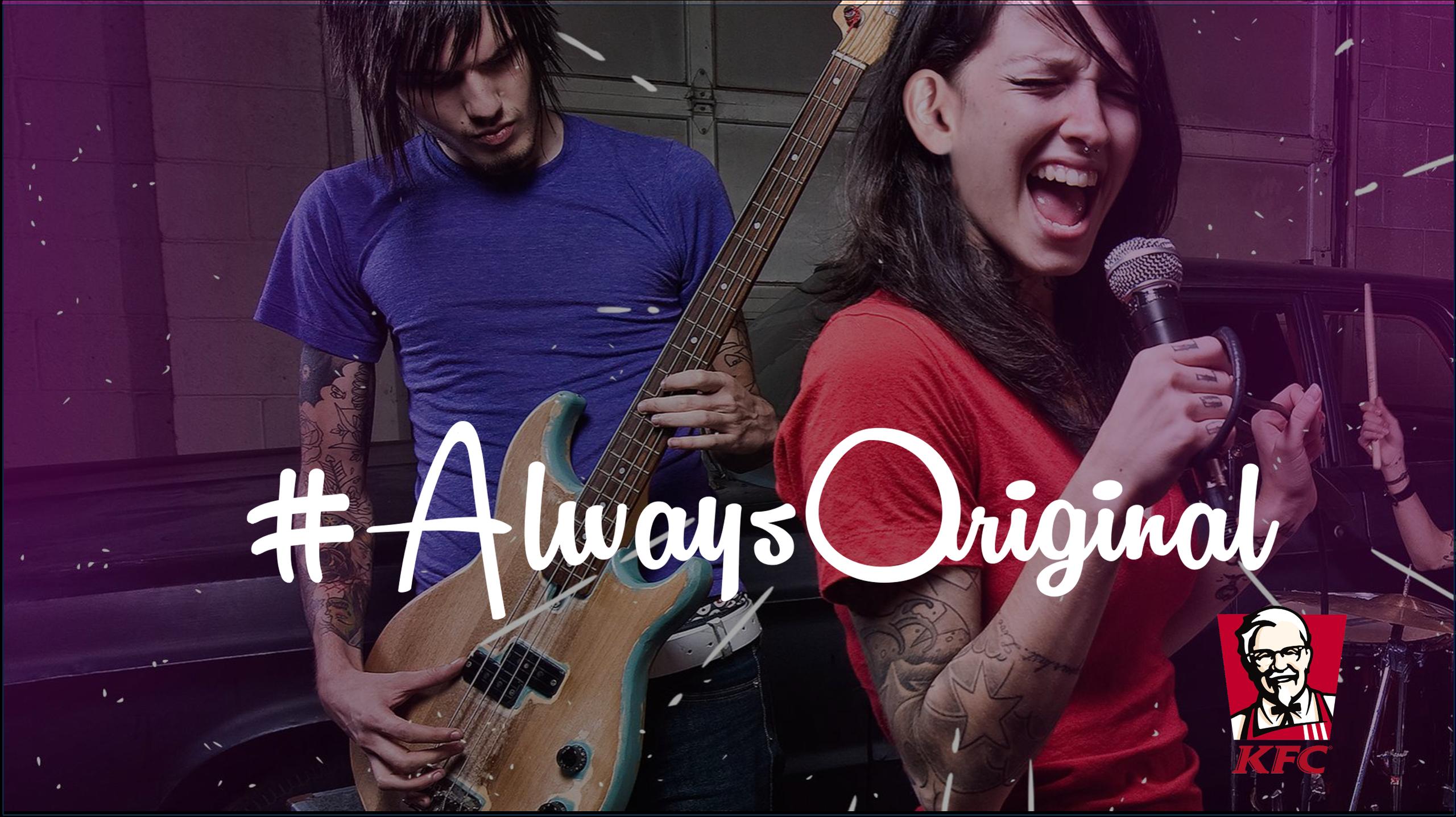 Young woman singing passionately into a microphone and a man playing bass guitar, with #AlwaysOriginal text and a KFC logo.