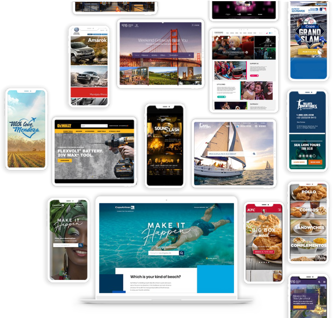 Collection of various smartphone, tablet, and laptop screens showing different websites and apps including travel, automotive, tools, music, adventure tours, food delivery, and airline services.