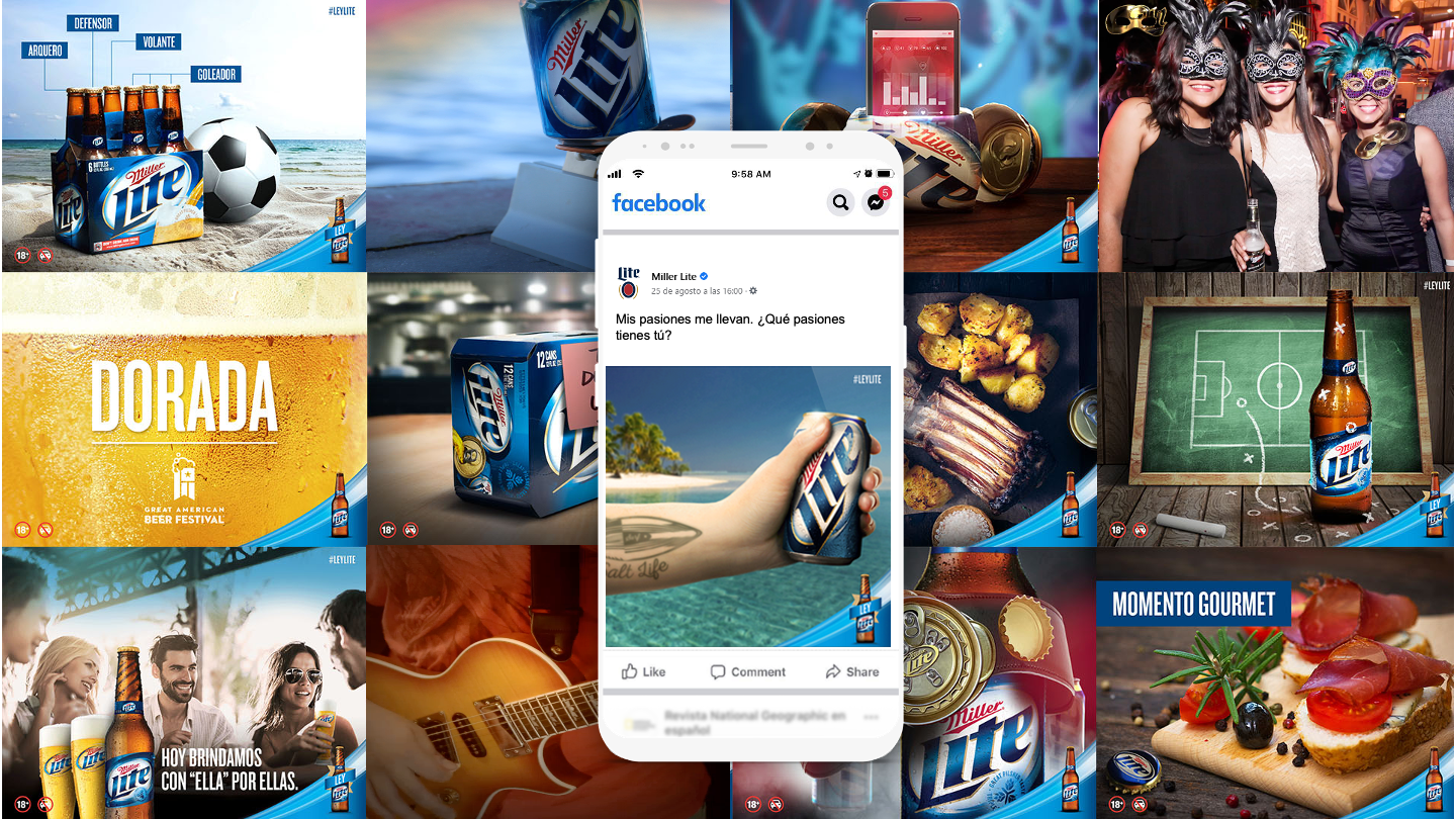 Collage of Miller Lite beer themes including soccer, social gatherings, gourmet food, and musical moments with Miller Lite branding.