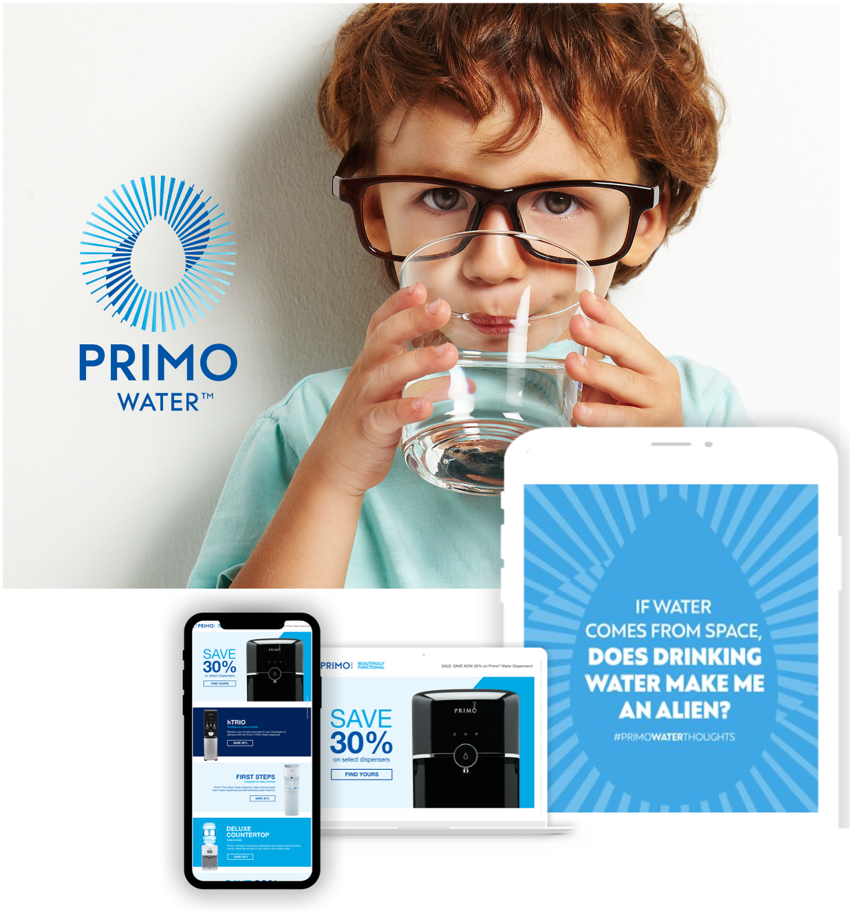Child wearing glasses drinks water from a glass next to the Primo Water logo and images of Primo Water dispensers on a smartphone and laptop screen.