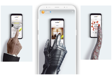 Three phones displaying Audible apps being tapped by a human hand, a knight's armored gauntlet, and an octopus tentacle.