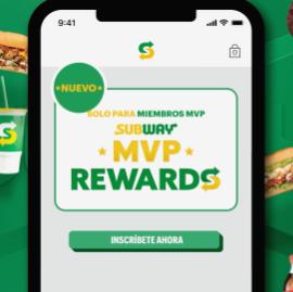 Mobile phone screen showing an advertisement for Subway MVP Rewards program with a green button labeled 'Inscríbete Ahora'.