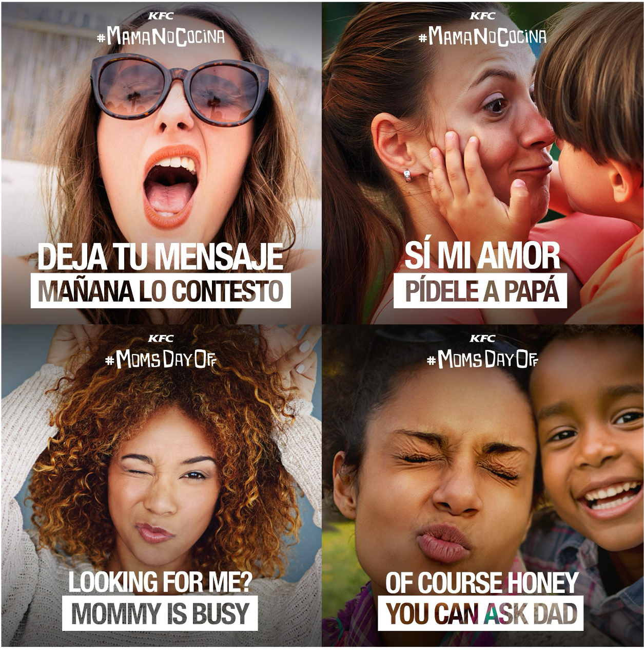Collage of four images showing moms with children, promoting KFC's campaign #MamaNoCocina and #MomsDayOff with text encouraging messages like 'Leave your message, I'll answer tomorrow' and 'You can ask dad.'