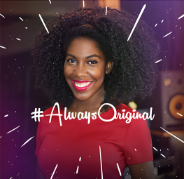 Smiling woman with natural curly hair wearing a red top, with #AlwaysOriginal text overlay.