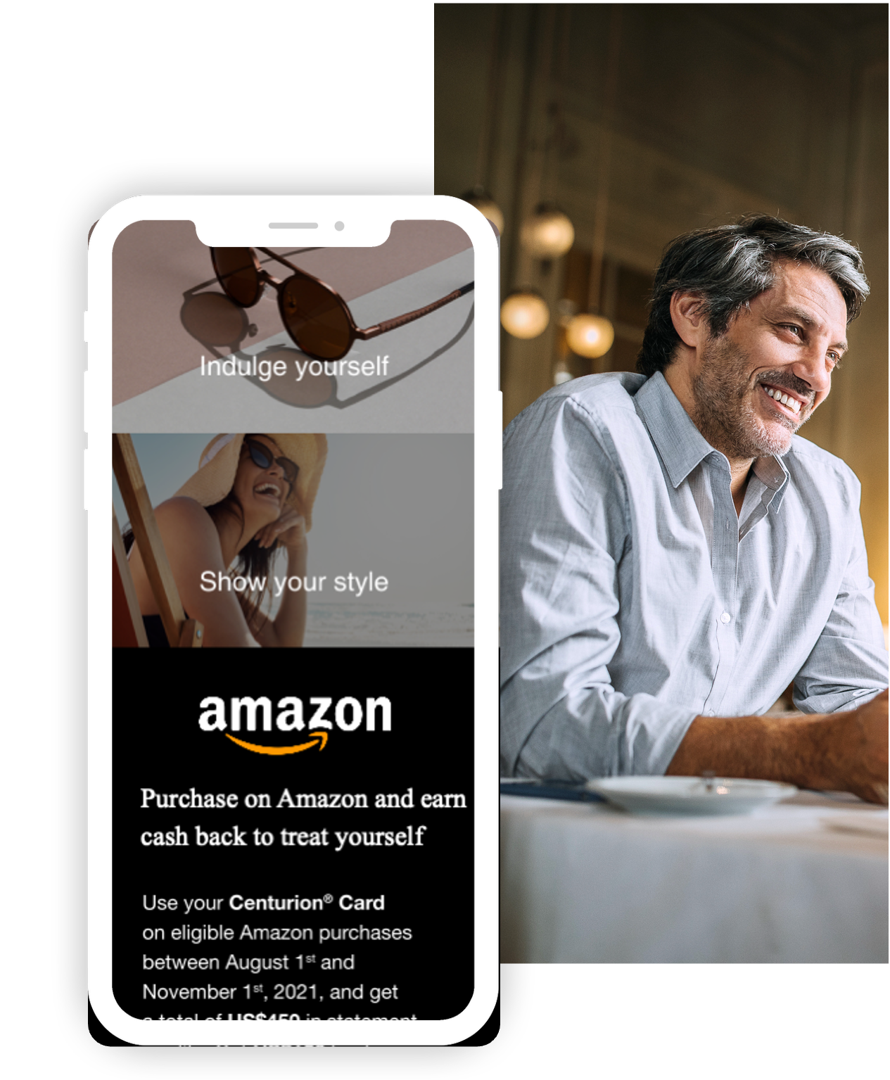 Smiling man in a light blue shirt sitting at a table next to a phone displaying an Amazon cash back promotion for Centurion Card users.