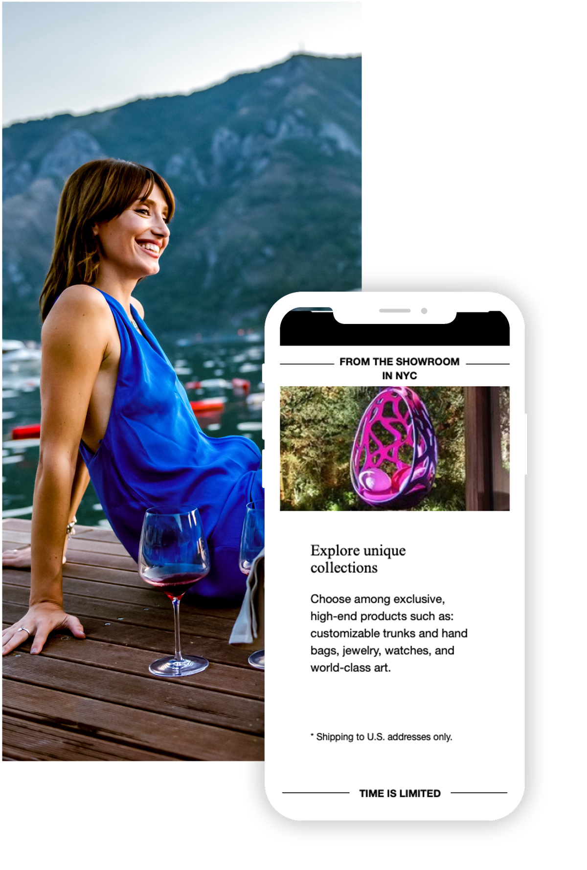 Smiling woman in blue dress sitting on a wooden dock beside two glasses of red wine, with a smartphone overlay showing an ad for unique collections including customizable trunks, handbags, jewelry, watches, and art.