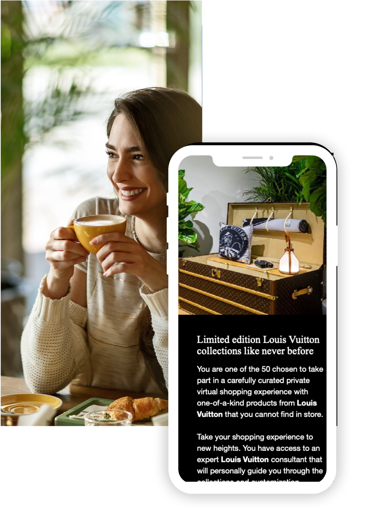 Woman smiling and holding a yellow coffee cup, with a smartphone displaying an invitation to a private Louis Vuitton virtual shopping experience.