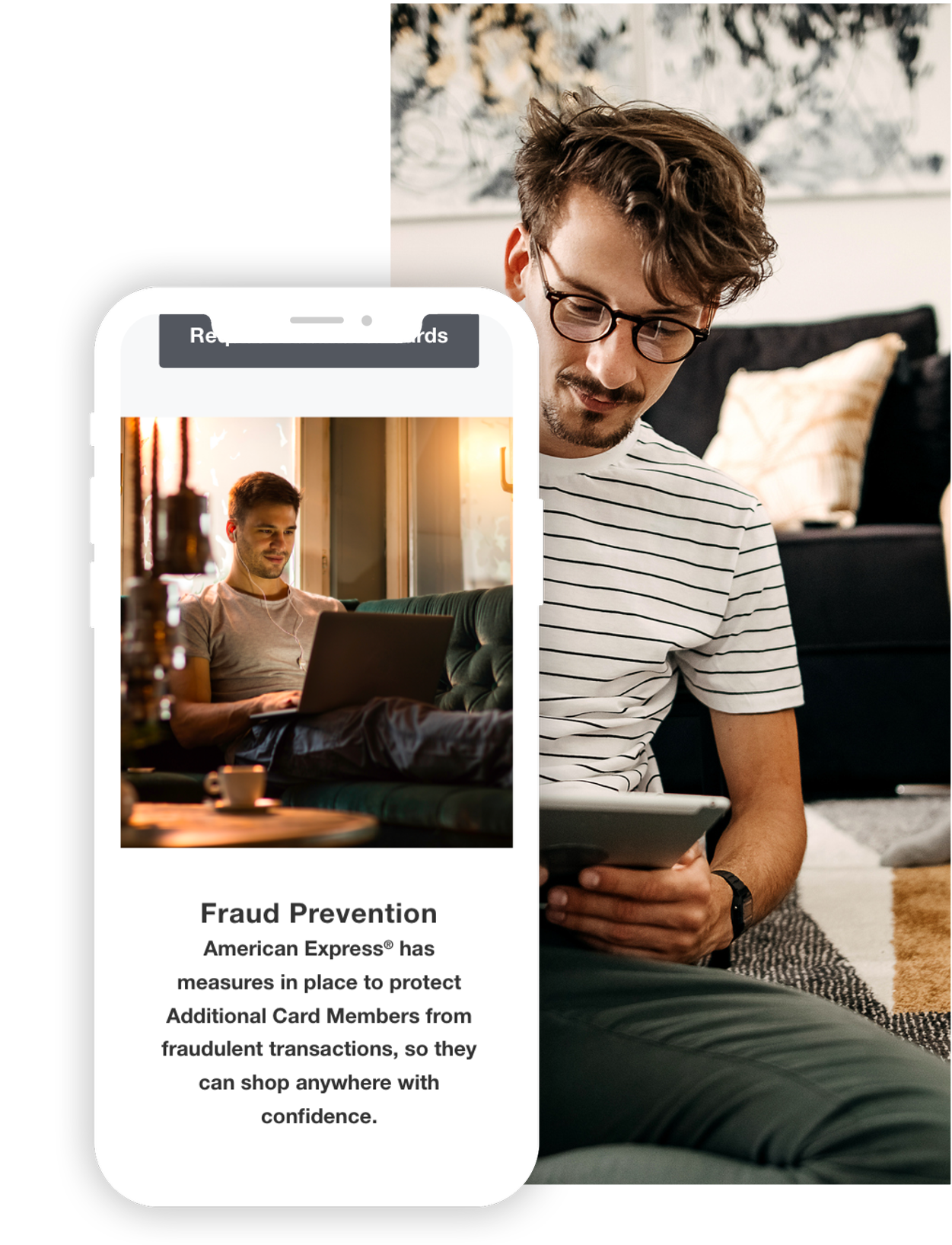 Man sitting on floor using tablet next to a smartphone display showing a man with earbuds working on a laptop and text about American Express fraud prevention measures.