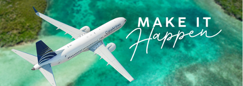 Airplane flying over turquoise ocean near green land with text 'Make It Happen'.