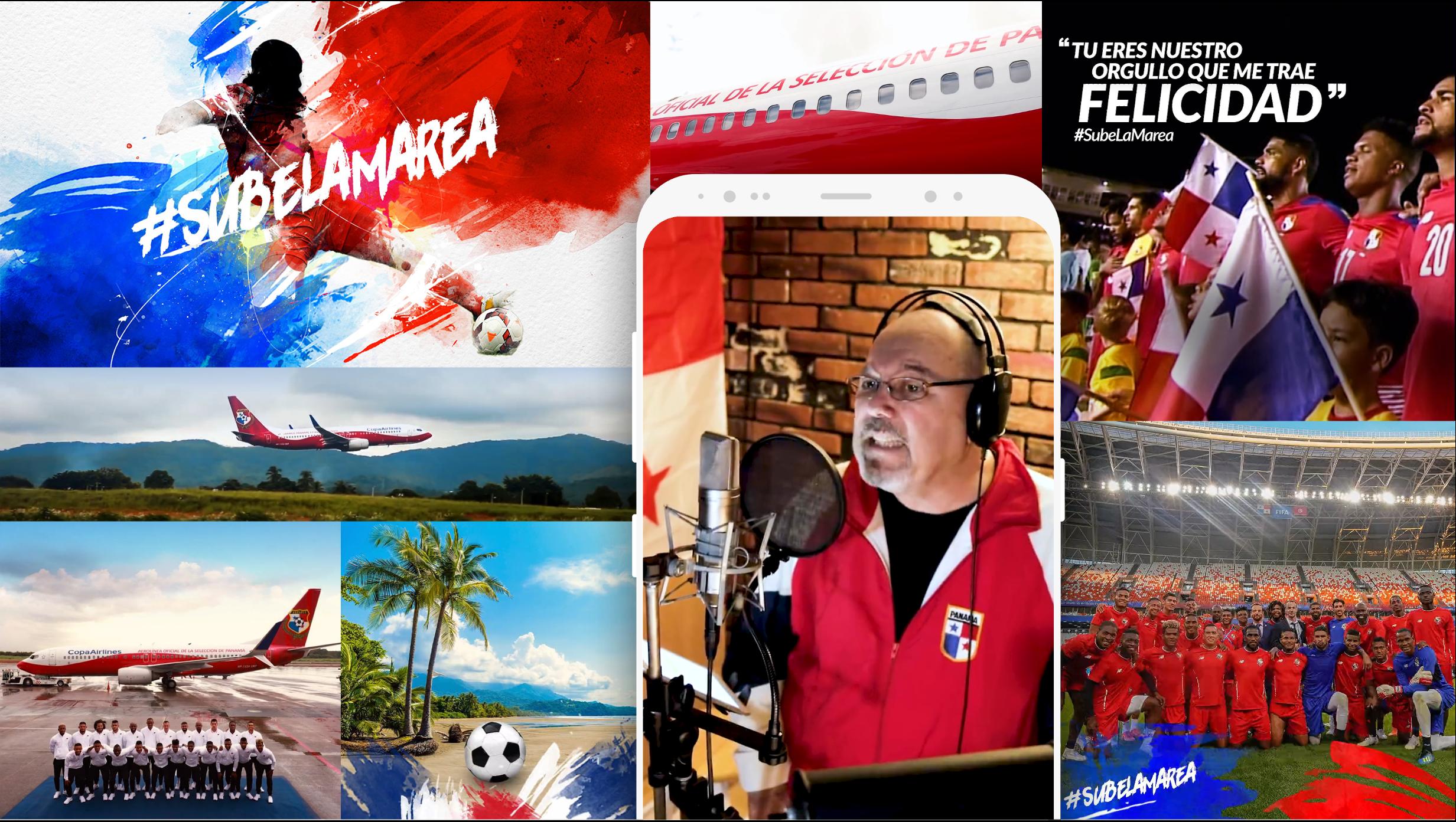 Collage featuring Panama national soccer team in red uniforms, Copa Airlines planes with national colors, a man singing in a recording studio wearing a red Panama jacket, and text #SUBELAMAREA with fans holding Panamanian flags.