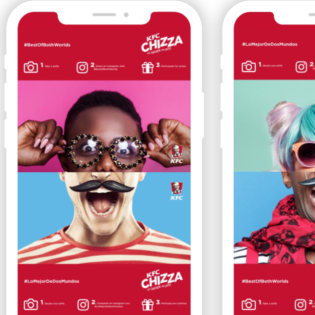 Two phone screens showing split-face portraits with vibrant backgrounds, part of KFC CHIZZA promotion with instructions to take a selfie, share on Instagram, and participate for prizes.