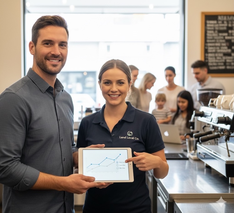 Self-employed café owners holding a tablet showing business growth