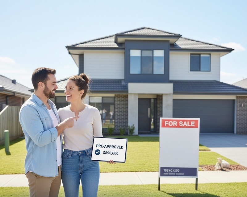 Couple outside a house for sale holding a home loan pre-approval sign