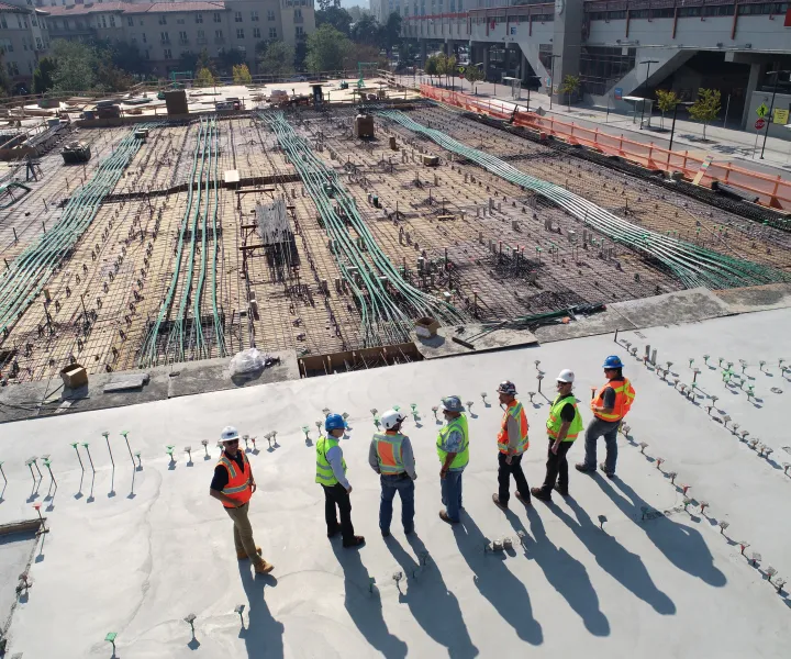 Overhead drone shot of crew on site