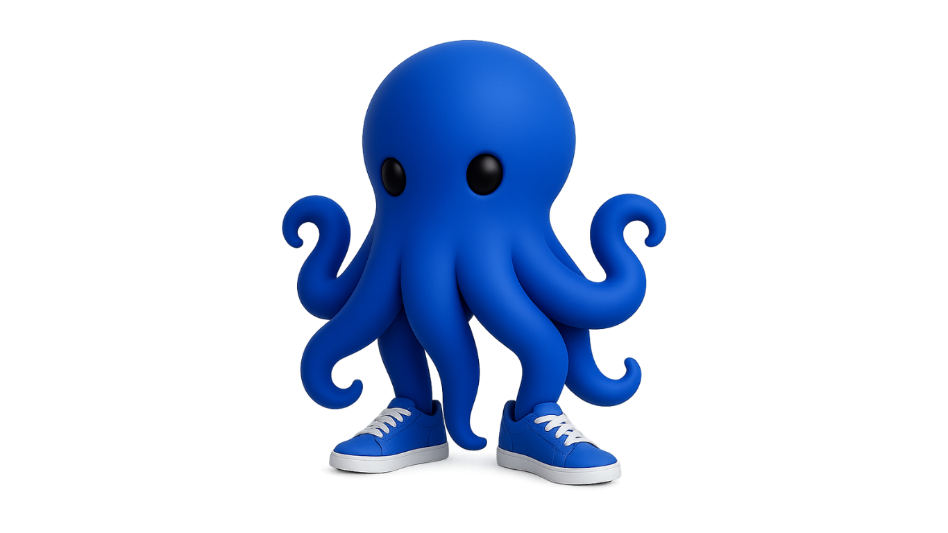 Blue cartoon octopus with black eyes wearing blue and white sneakers.