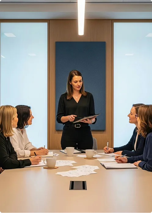 Launchist team members meeting and working together at a desk 