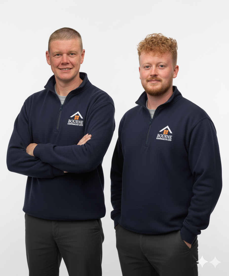 Two men wearing navy blue quarter-zip sweatshirts with Bourne Contractors Ltd logo, standing against a white background, one with arms crossed and the other with hands in pockets.