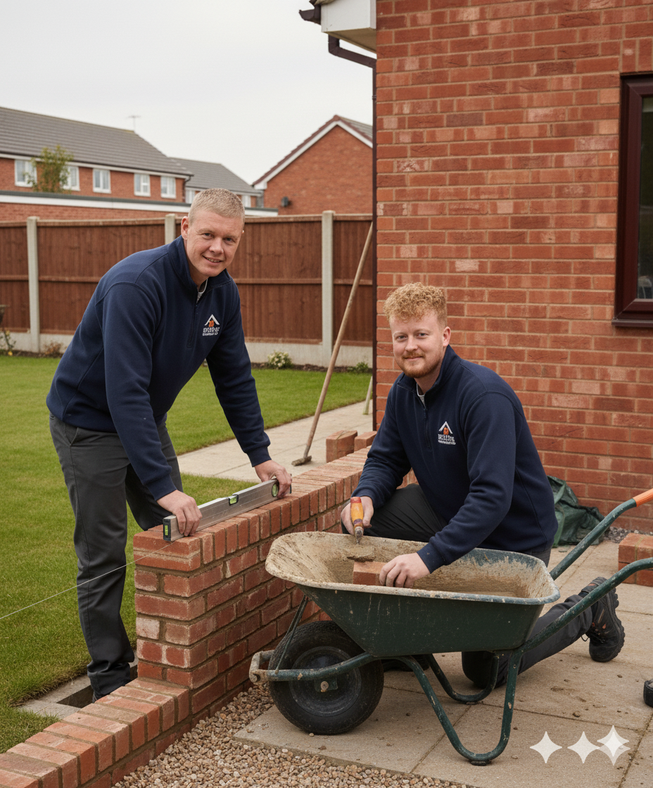 Two bricklayers wearing navy sweatshirts building a brick wall in a residential backyard with tools and a wheelbarrow.