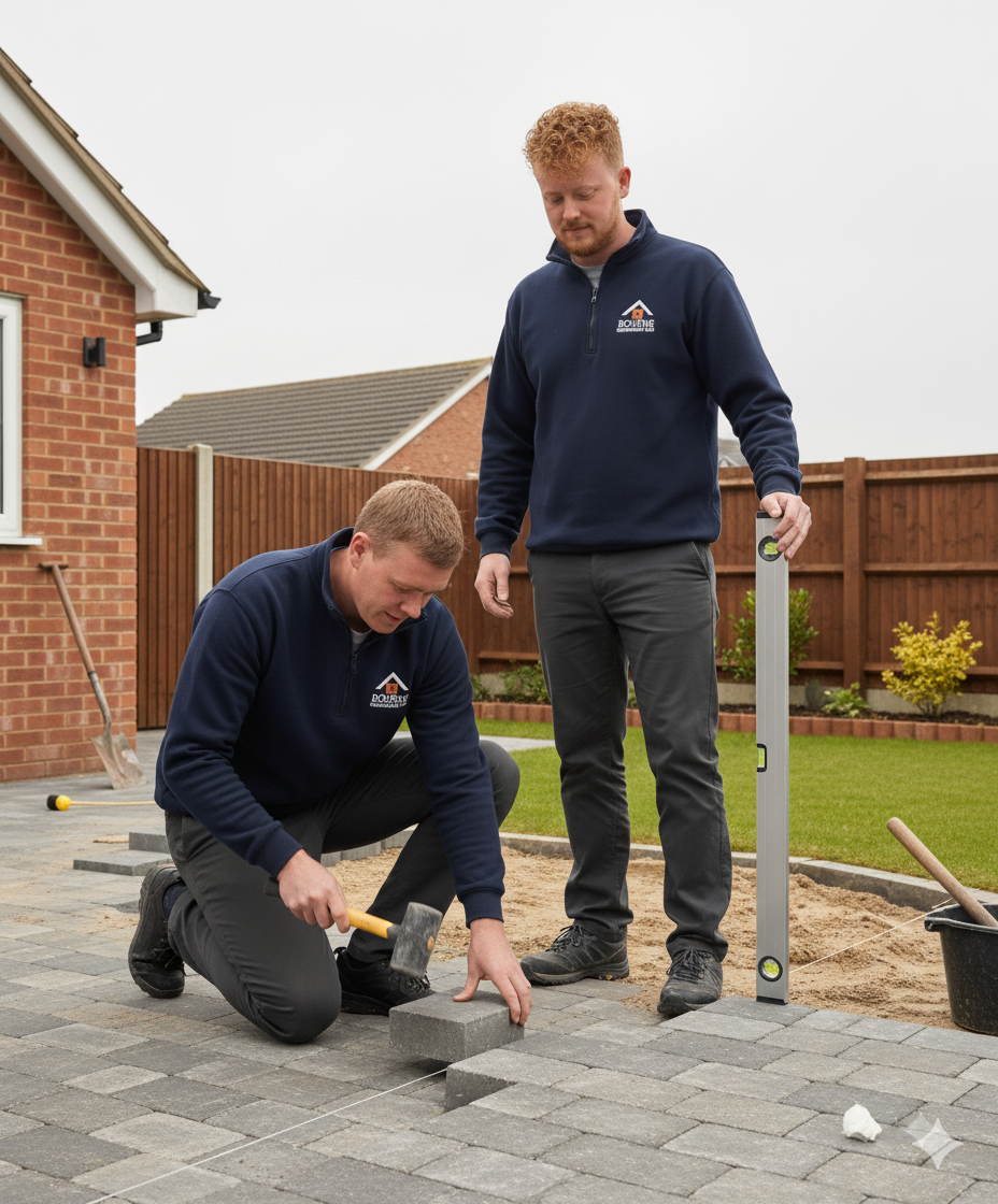 Two men in navy sweatshirts installing gray paving stones outdoors, one positioning a stone while tapping it with a rubber mallet and the other holding a leveling tool.