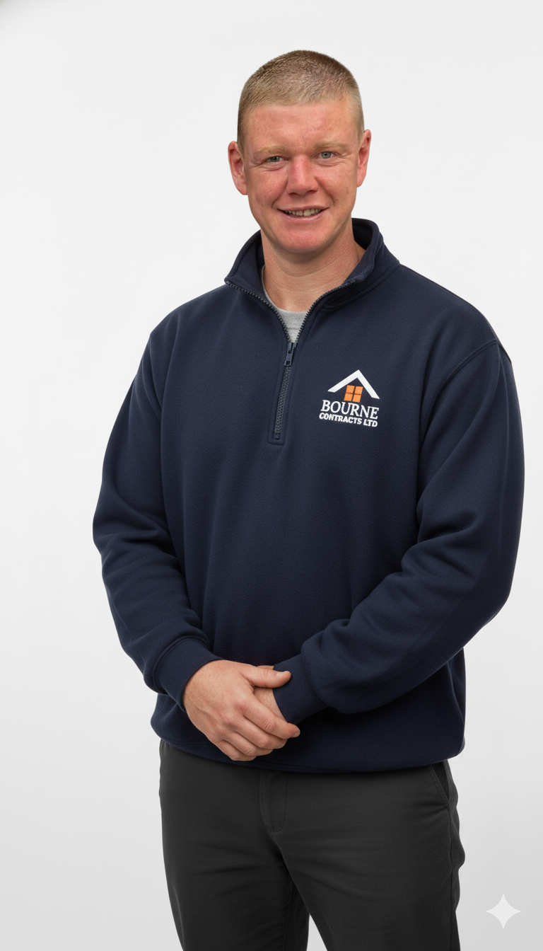 Smiling man with short hair wearing a navy blue zip-up sweatshirt with Bourne Contracts Ltd logo, standing against a white background.