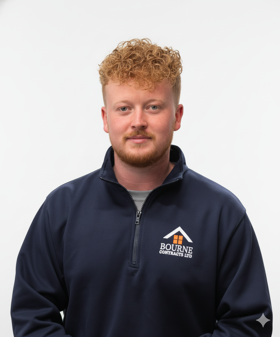 Man with curly red hair and beard wearing a navy blue zip-up jacket with Bourne Contracts Ltd logo.