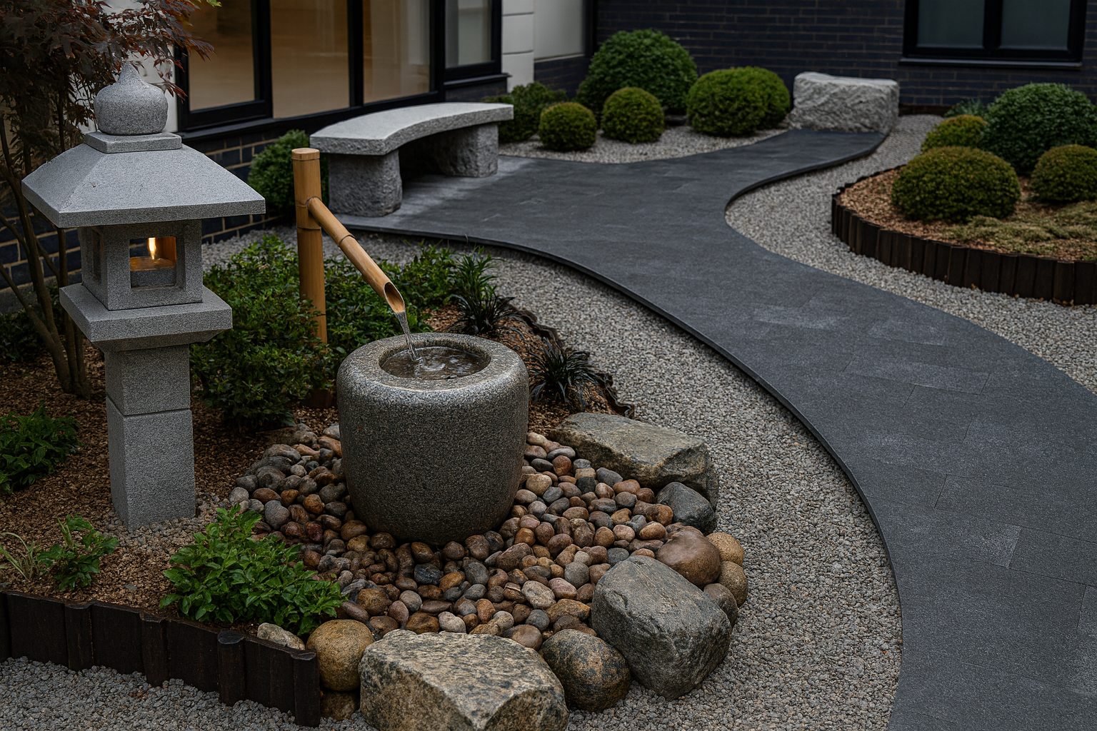 Japanese-style garden with a stone water basin, bamboo spout, gray stone lantern, curved pathway, and manicured shrubs.