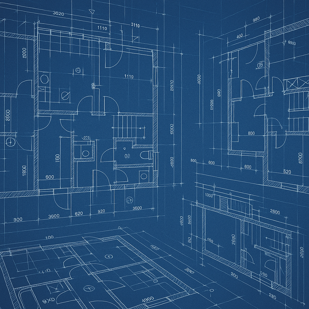 Architectural blueprints showing detailed floor plans and elevations with measurements.