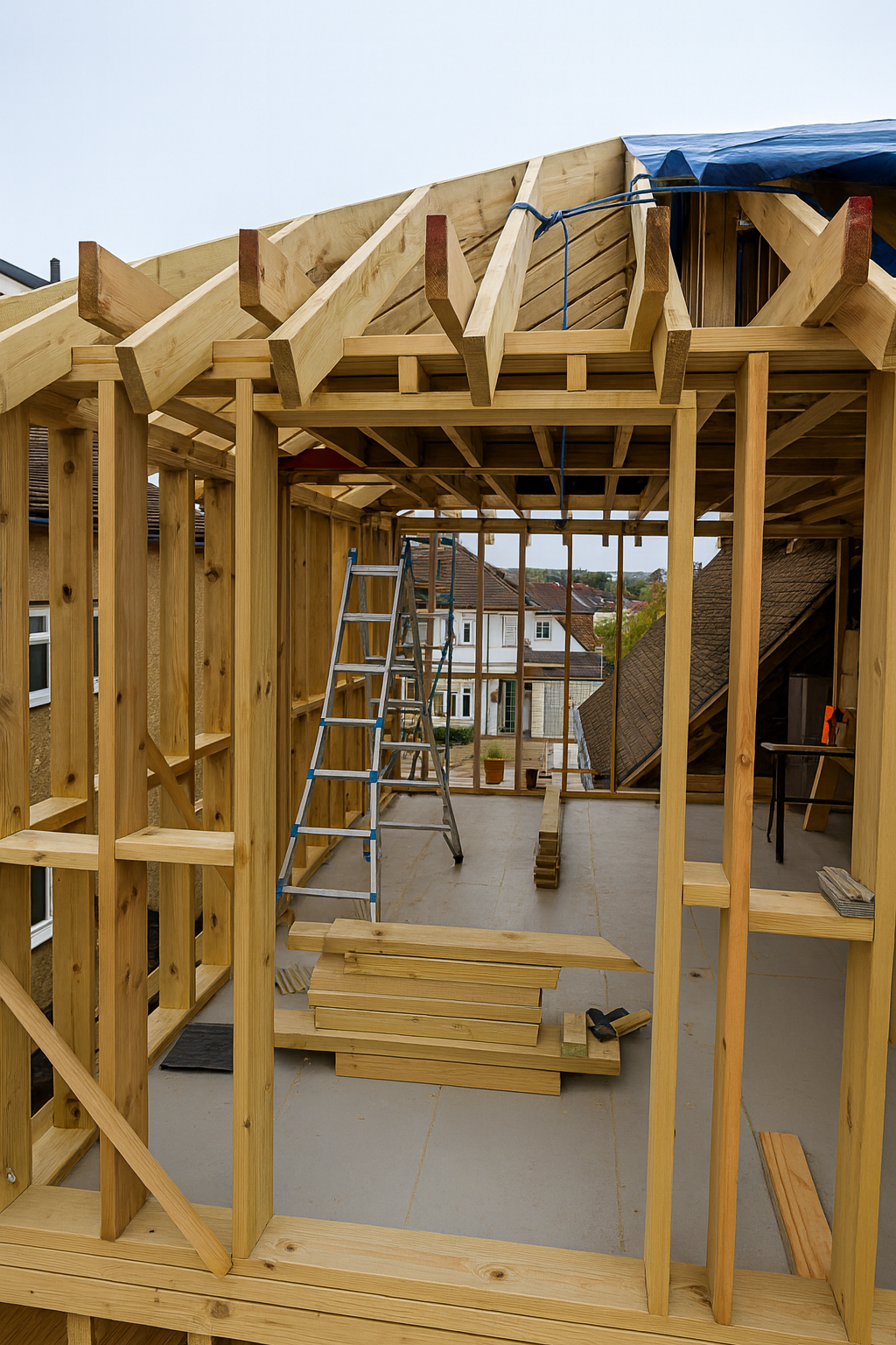 Wooden frame structure of a house under construction with a metal ladder and stacked lumber inside.