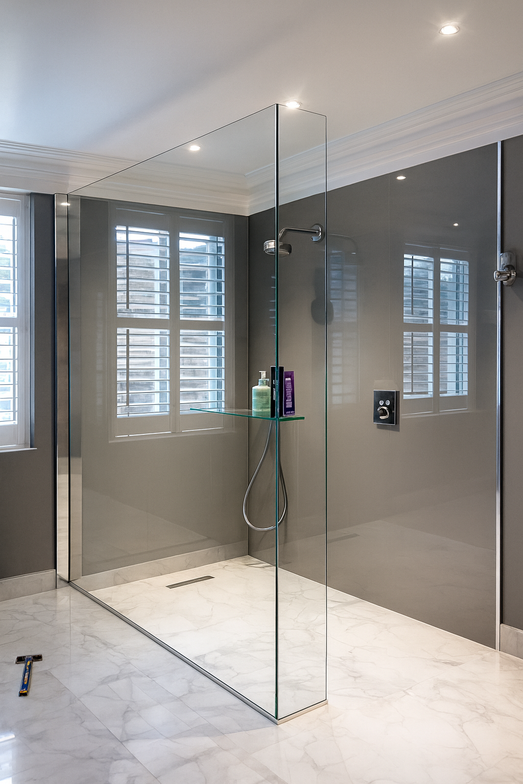 Minimalist walk-in shower with glass walls, a wall-mounted shower head, and a shelf holding toiletries in a bathroom with marble flooring.