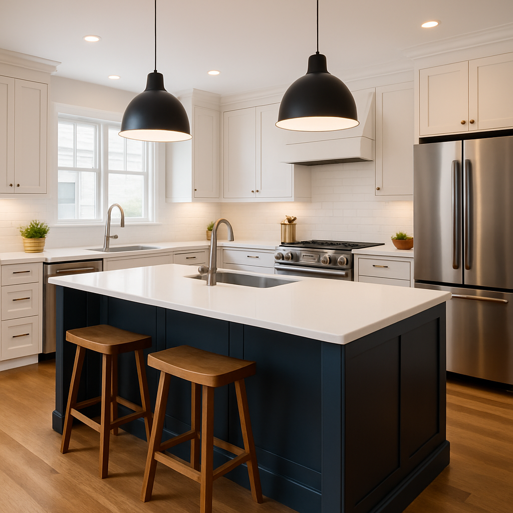 Modern kitchen with navy blue island, white countertops, two wooden stools, stainless steel appliances, and black pendant lights.