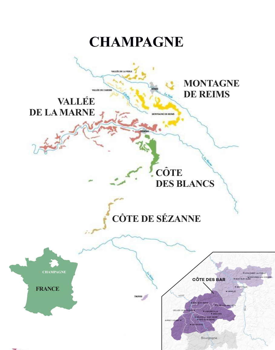 Map of the Champagne region in northeastern France — highlighting key vineyard areas, terroirs, and the location of Côte d'Or where Champagne E. Rigollot is produced