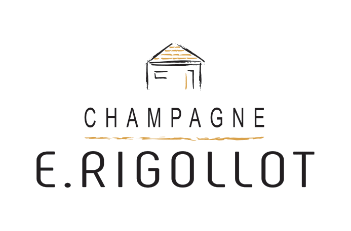 Logo with a simple house sketch above the words 'CHAMPAGNE' and 'E. RIGOLLOT' with a wavy gold underline.