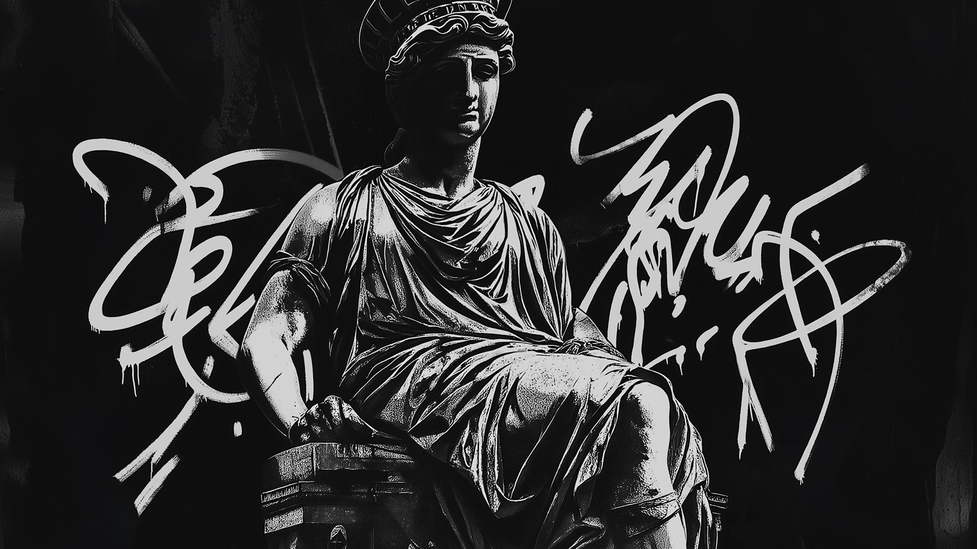 Ancient Greek statue covered in graffiti.