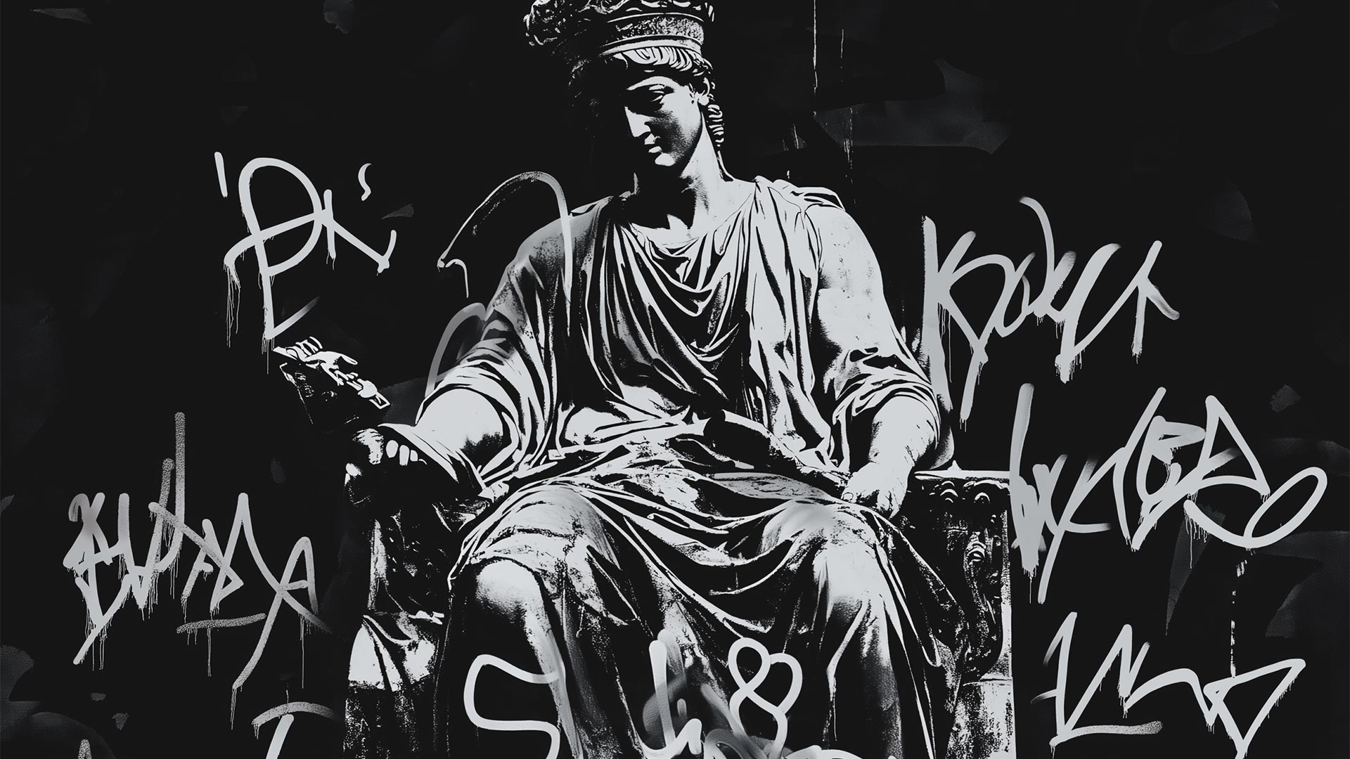 Ancient Greek statue covered in graffiti.