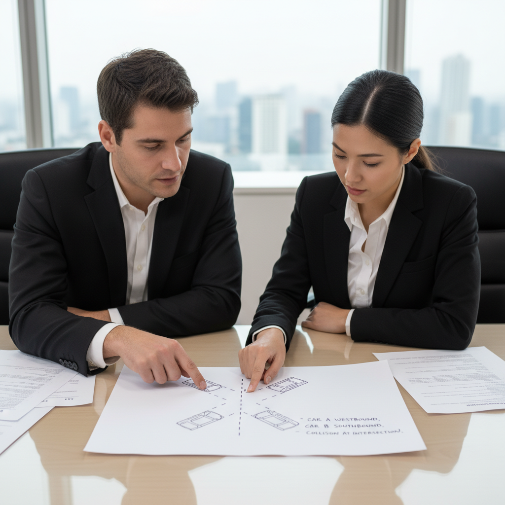 Two people reviewing a simple car accident diagram and written narrative on paper