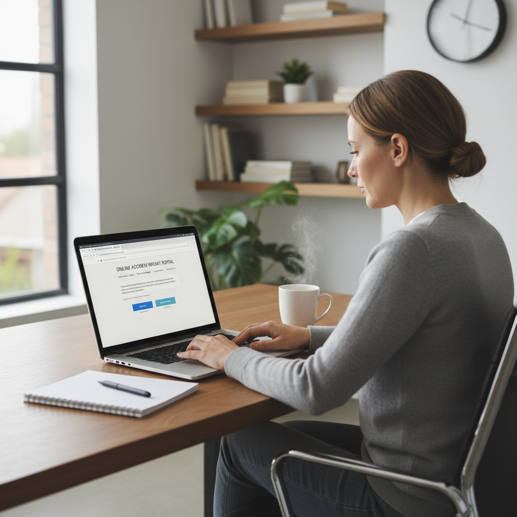 Person using a laptop at a desk to request an accident police report online