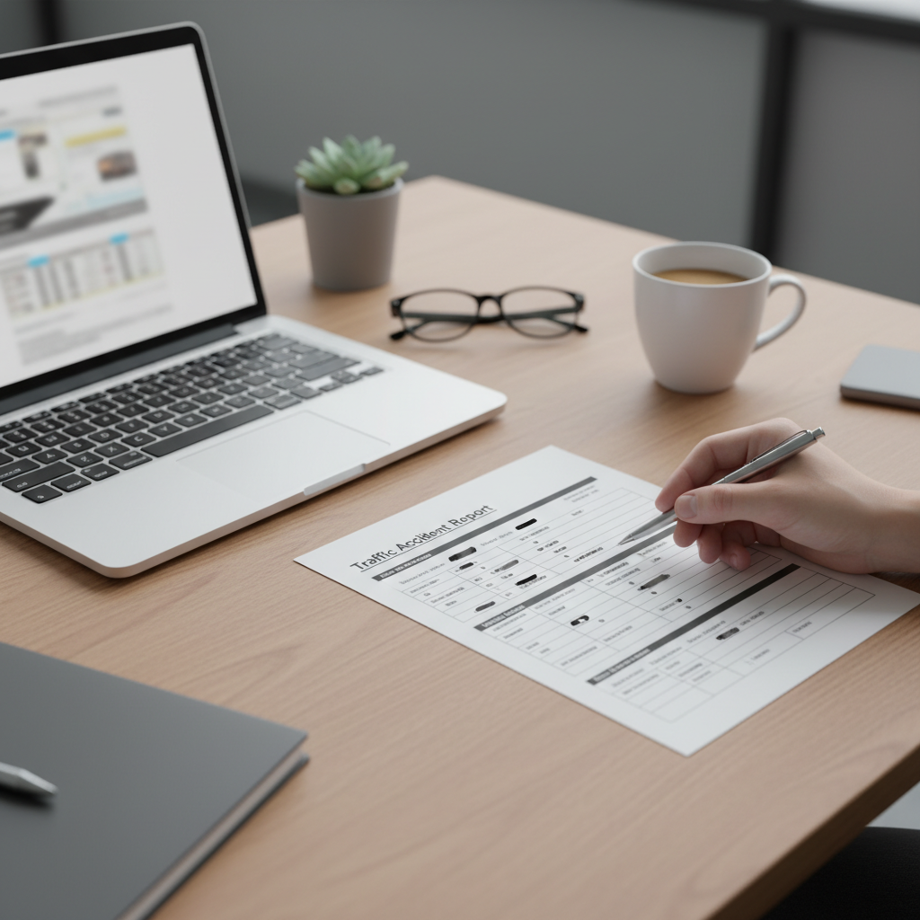 Overhead view of a desk with a printed accident police report showing checkboxes and codes