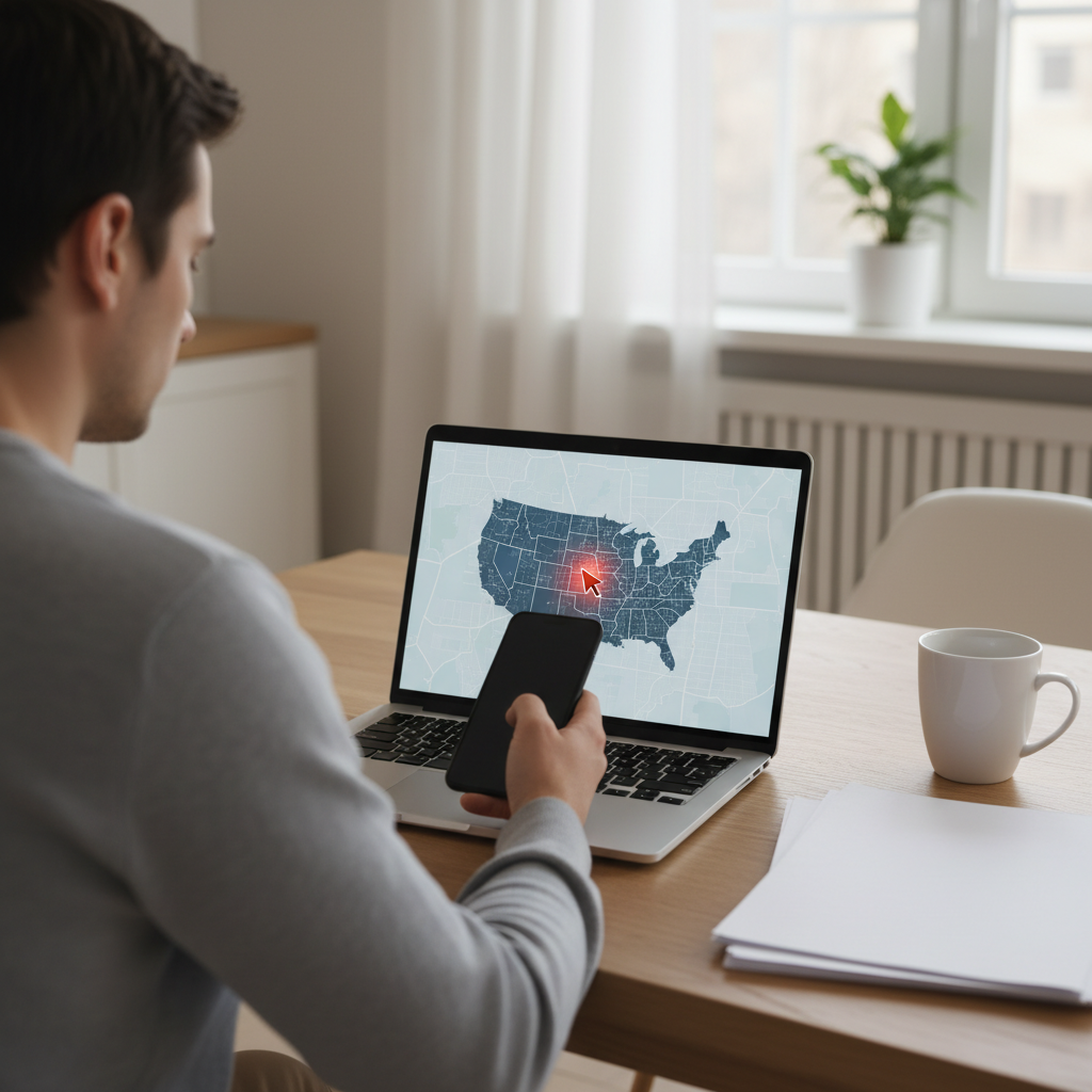 Person at home using a laptop and phone with a simple map on the screen to handle an out-of-state report