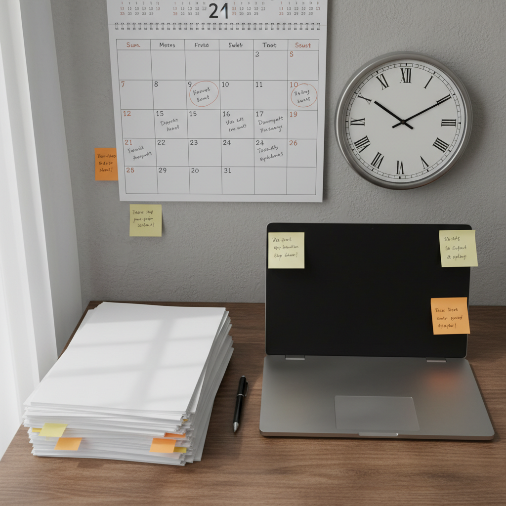 Calendar, clock, paperwork, and laptop on a desk representing police report timelines