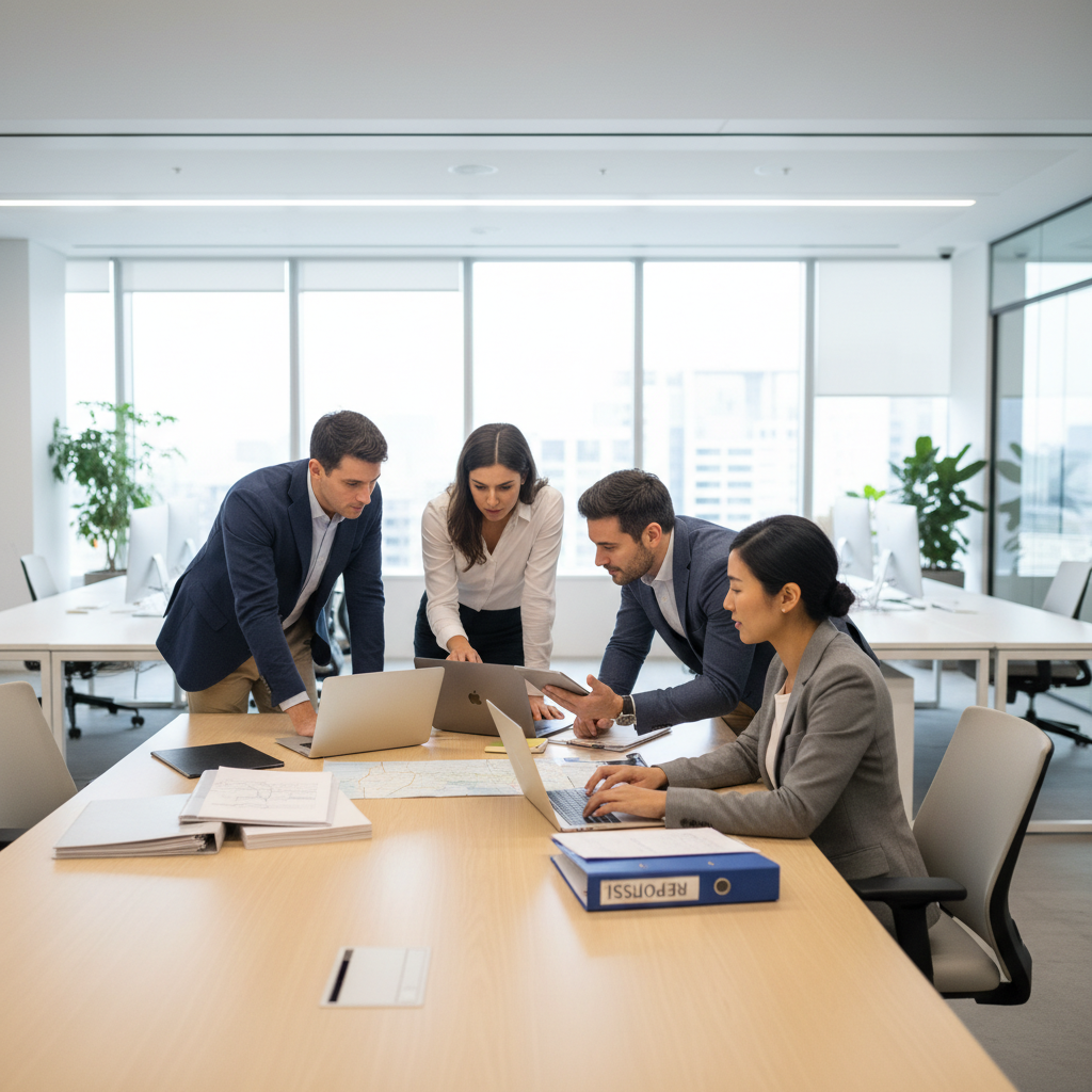 Professional team in an office working together with laptops and paperwork to help obtain police reports for clients