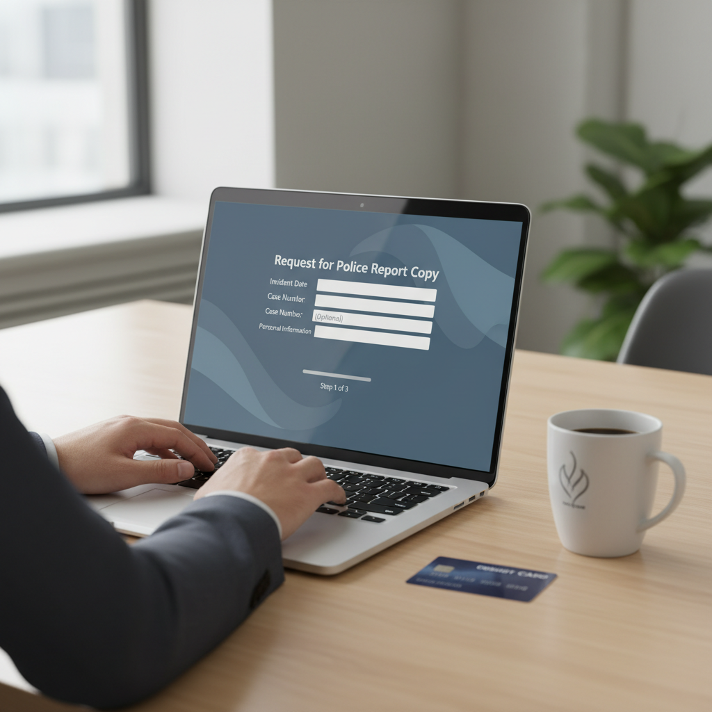 Laptop on a desk showing a generic online form with a credit card nearby to request a copy of a police report