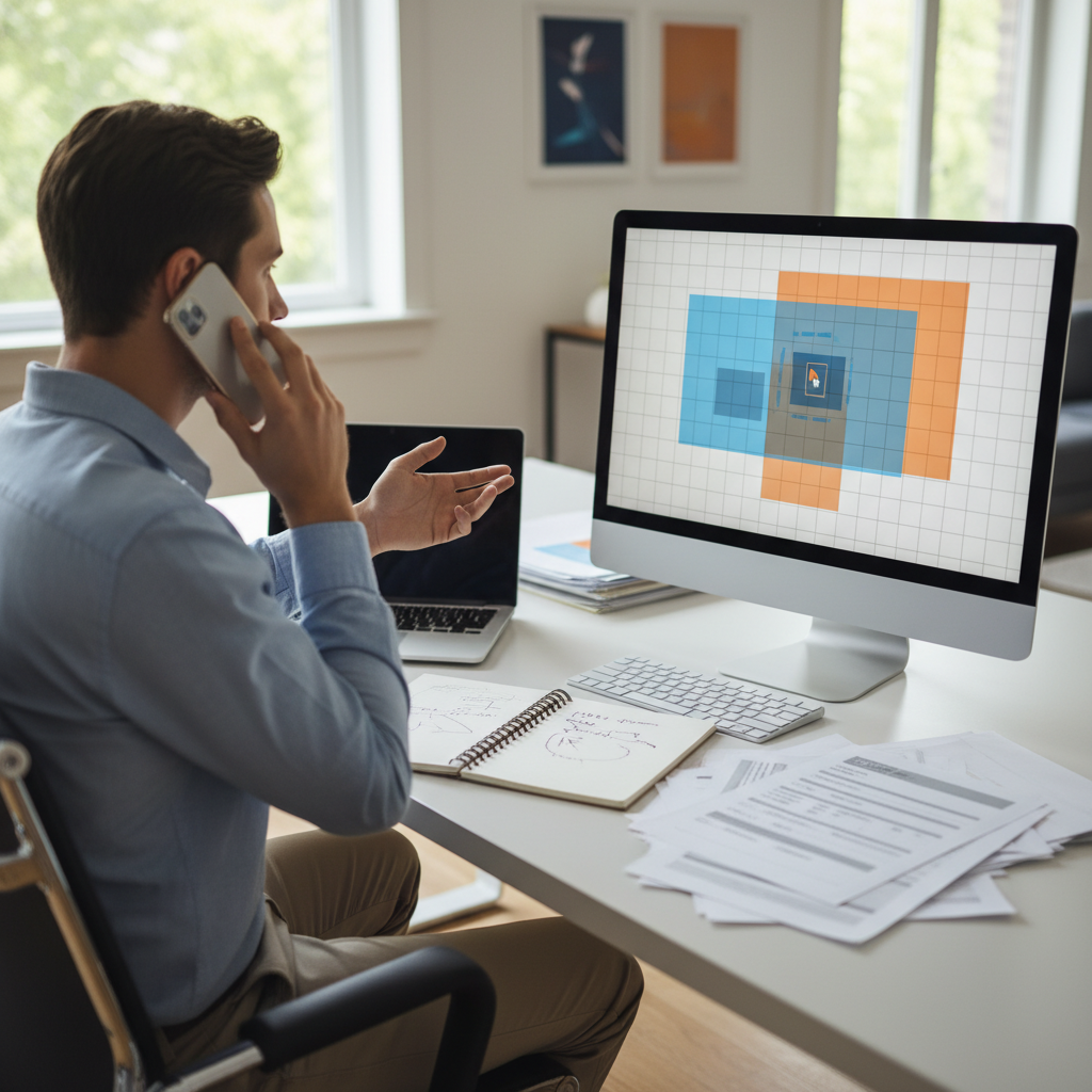 Person on the phone with a notebook, documents, and a map on a computer while trying to locate a police accident report
